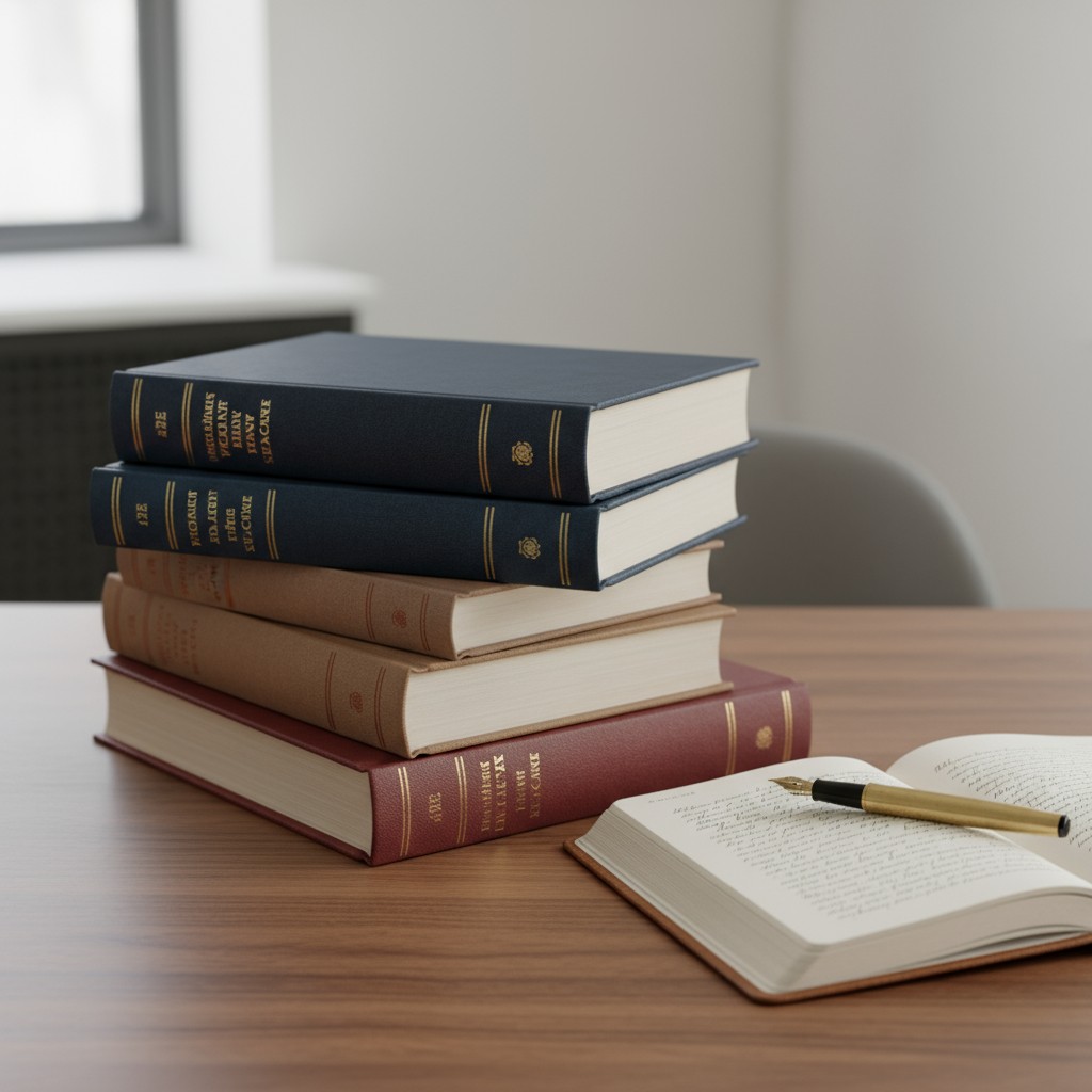 A stack of five books sits on a brown wooden surface.